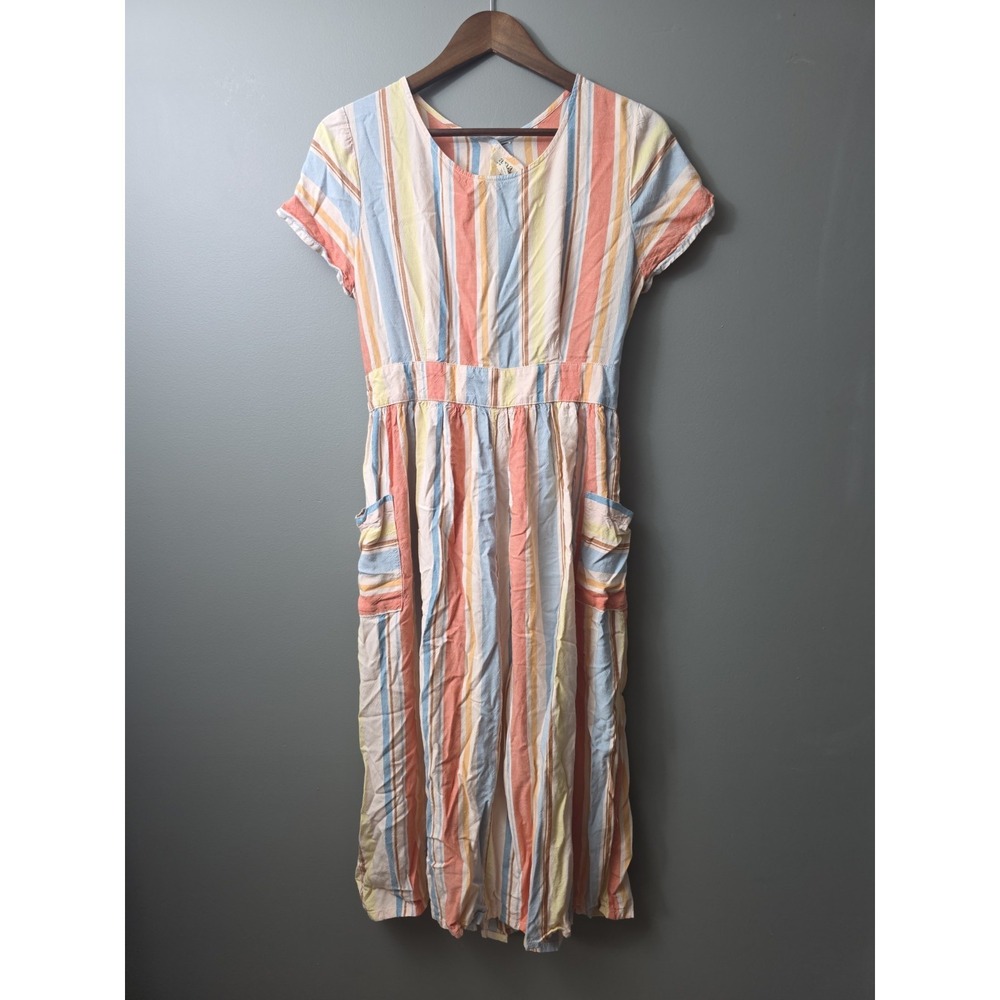 ANA a new approach Dress Striped Rayon Linen Pockets Medium BOHO Maxi Short Slee